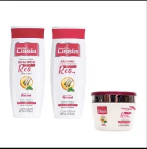Kit capilar Beautyline Lissia con aceite de mano de res: incluye dos envases de 425 ml de shampoo y bálsamo, más un tarro de tratamiento capilar.